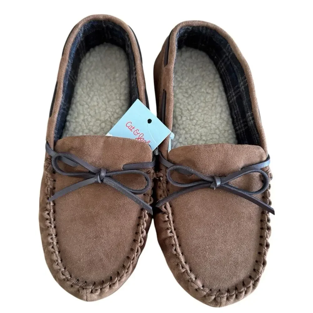 Cat & Jack Slippers Boys Size 4 Chestnut Brown Loafer Slip-on Sherpa Faux Fur